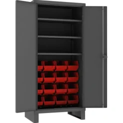 Durham 3702-16-3S-1795 CABINET, 14 GAUGE, 3 SHELF, 16 RED BINS , 36 X 24 X 78 - One-stop shop for professional tools and equipment.
