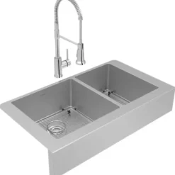 Elkay ECTRUF32179RFBC Crosstown® 18 Gauge Stainless Steel 35-7/8& x 20-1/4& x 9& 60/40 Double Bowl Farmhouse Sink & Faucet Kit with Bottom Grid & Drain - One-stop shop for professional tools and equipment.