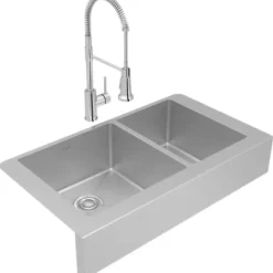 Elkay ECTRUF32179RFCC Crosstown® 18 Gauge Stainless Steel 35-7/8& x 20-1/4& x 9& 60/40 Double Bowl Farmhouse Sink & Faucet Kit with Drain - One-stop shop for professional tools and equipment.