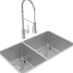 Elkay ECTRU32179LTFBC Crosstown® 18 Gauge Stainless Steel 31-1/2& x 18-1/2& x 9& 40/60 Double Bowl Undermount Sink & Faucet Kit with Bottom Grid & Drain - One-stop shop for professional tools and equipment.