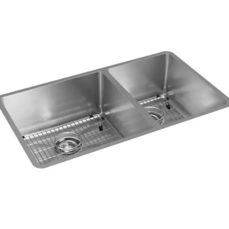 Elkay ECTRU32179RTC Crosstown® 18 Gauge Stainless Steel 31-1/2& x 18-1/2& x 9& 60/40 Double Bowl Undermount Sink Kit - One-stop shop for professional tools and equipment.