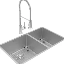Elkay ECTRU32179RTFBC Crosstown® 18 Gauge Stainless Steel 31-1/2& x 18-1/2& x 9& 60/40 Double Bowl Undermount Sink & Faucet Kit with Bottom Grid & Drain - One-stop shop for professional tools and equipment.
