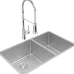 Elkay ECTRU32179RTFCC Crosstown® 18 Gauge Stainless Steel 31-1/2& x 18-1/2& x 9& 60/40 Double Bowl Undermount Sink & Faucet Kit with Drain - One-stop shop for professional tools and equipment.