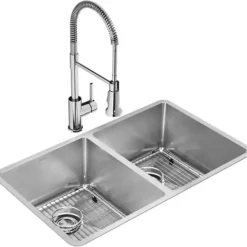 Elkay ECTRU31179TFC Crosstown® 18 Gauge Stainless Steel 31-1/2& x 18-1/2& x 9& Equal Double Bowl Undermount Sink Kit with Faucet - One-stop shop for professional tools and equipment.