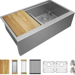Elkay EFRUFFA33179RW Crosstown® 16 Gauge Workstation Stainless Steel 34-7/8& x 20-1/4& x 9-7/16& Equal Double Bowl Farmhouse Sink Kit with Aqua Divide - One-stop shop for professional tools and equipment.