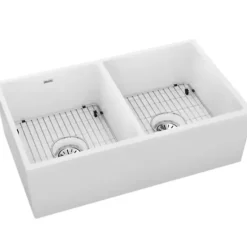 Elkay SWUF32189WHC Fireclay 33& x 19-15/16& x 9& Equal Double Bowl Farmhouse Sink Kit White - One-stop shop for professional tools and equipment.