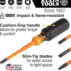 Klein Tools 33734INS Screwdriver Set, Slim-Tip Insulated Phillips, Cabinet, Square, 4-Piece - One-stop shop for professional tools and equipment.