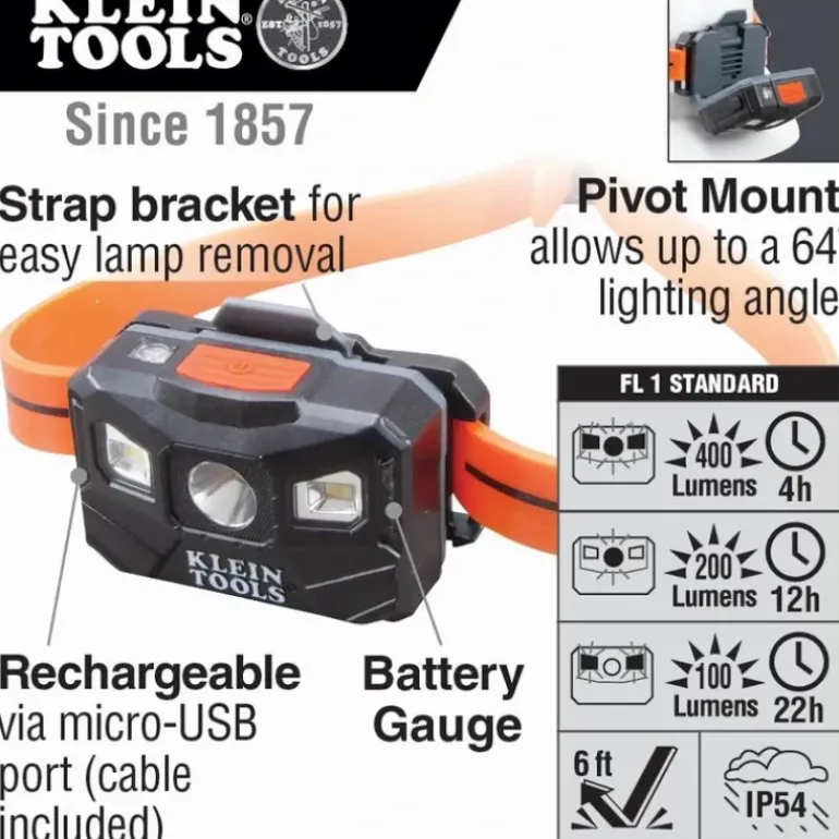 Klein Tools 56064 Rechargeable Headlamp with Silicone Strap, 400 Lumens, All-Day Runtime - One-stop shop for professional tools and equipment.