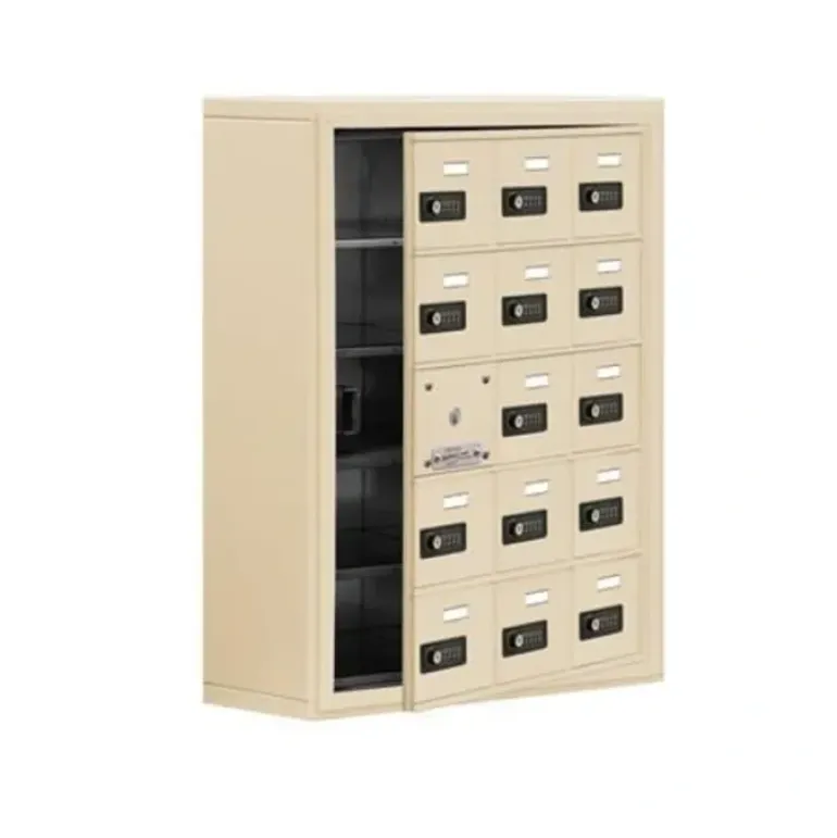 Mailboxes 19158-15SSC Salsbury Surface Mounted Cell Phone Locker with 15 S Doors (14 usable) in Sandstone - Resettable Combination Locks - One-stop shop for professional tools and equipment.