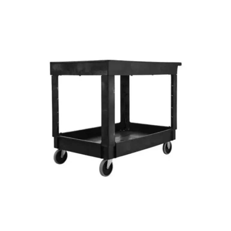 Rubbermaid FG9T6700BLA HEAVY-DUTY FLAT HANDLE UTILITY CART, LIPPED SHELF, MEDIUM, 500 LB. CAPACITY - BLACK (PALLET PACK) - One-stop shop for professional tools and equipment.