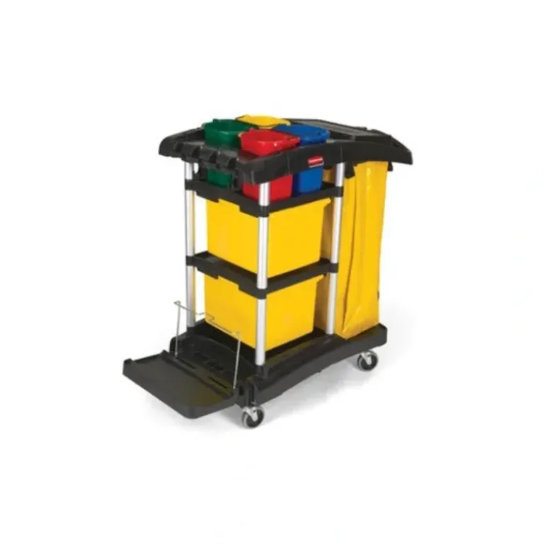 Rubbermaid FG9T7400BLA JANITORIAL CLEANING CART FULL SWIVEL WITH BINS HIGH CAPACITY - One-stop shop for professional tools and equipment.